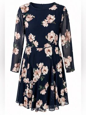 Hobbs London Navy Floral Chiffon Fit & Flare Dress US 14